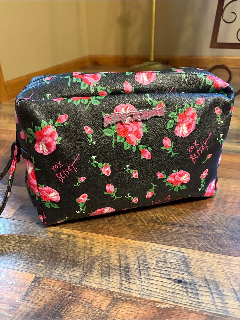 Betsey Johnson Black Cosmetic Pouch with Pink Floral Print